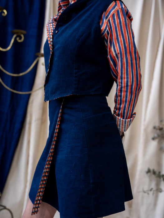 Reversible Wrap Skirt - Dark Indigo and Blue and Orange Waffle Print
