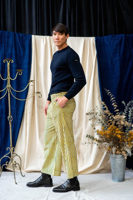 Button Pants Full Length - Yellow and Black Stripe Print