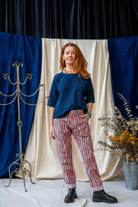 Tailored Pants - Blue and Orange Stripe Print