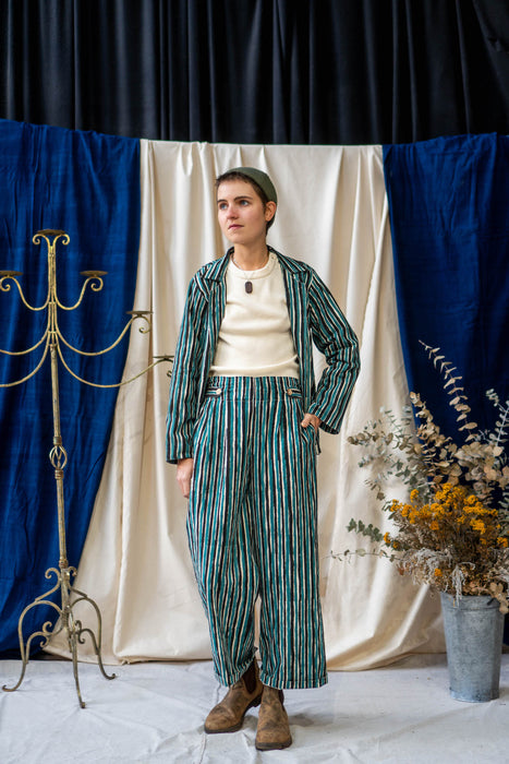 Button Pants Full Length - Teal and Black Stripe Print