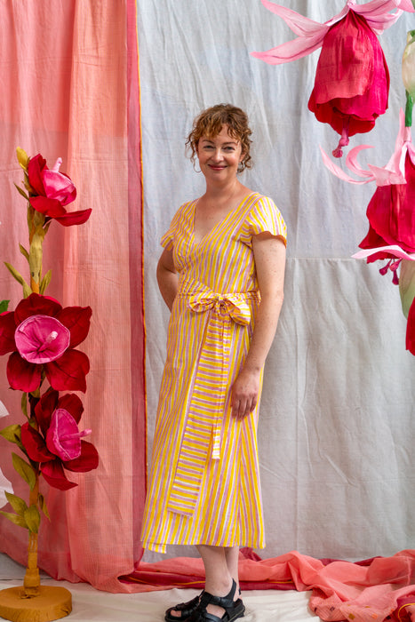 Wrap Tie Dress – Pink & Yellow Candy Stripe Print