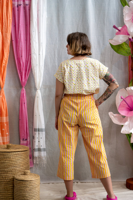 ¾ Button Pants – Pink & Yellow Candy Stripe Print