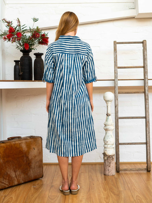 Long Sleeve Shirt Dress - Indigo Stripes