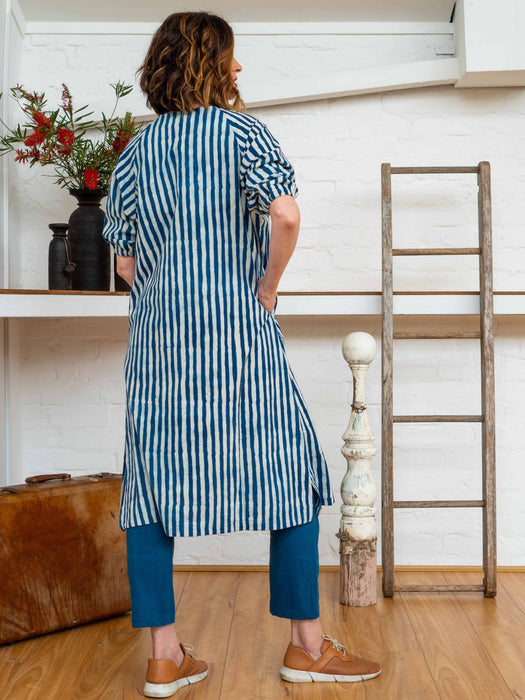 Long Button Tie Dress - Indigo Stripes-Women-The ANJELMS Project