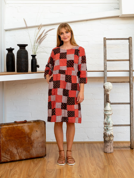 Half Sleeve Dress - Red Print Patchwork-Women-The ANJELMS Project