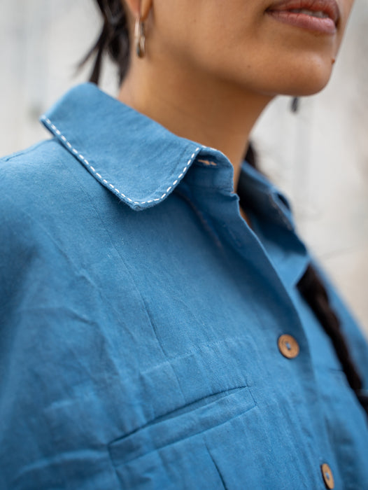 Crop Shirt Jacket - Indigo with White Stitching