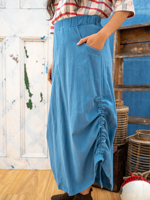 Pull String Pocket Skirt - Indigo with White Hand Stitch Detail