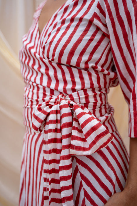 Half Sleeve Wrap Top | Red Stripe