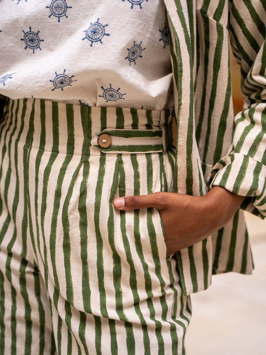 Button Pants Full Length - Green Stripe Print