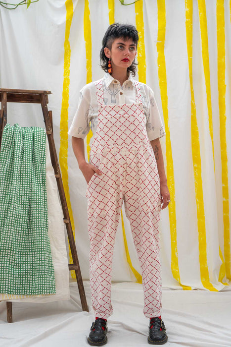 Work Overalls - Red Tile Print
