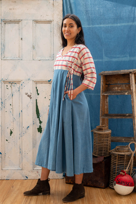 Indian Wrap Dress - Check Mate Blockprint Bust with Indigo Skirt