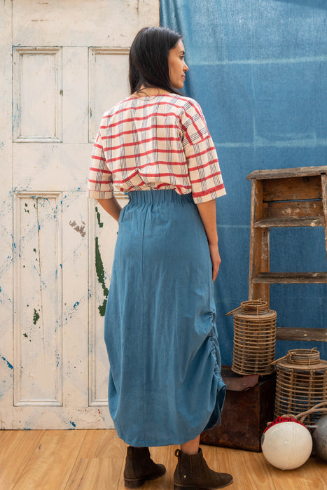 Pull String Pocket Skirt - Indigo with White Hand Stitch Detail